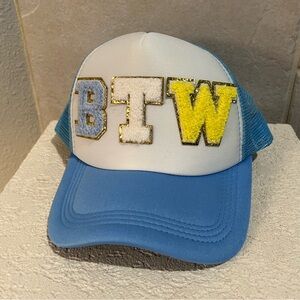 NEW BTW blue yellow ladies teen trucker hat gold glitter trim